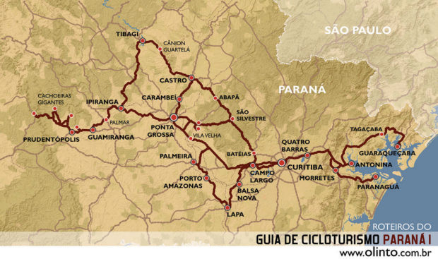 Mapa do Guia de Cicloturismo Paraná I, roteiros de viagem de bicicleta pelo paraná; Curitiba; Morretes; Serra da Graciosa; Ilha do Mel; Prudentópolis; Tibagi; Lapa